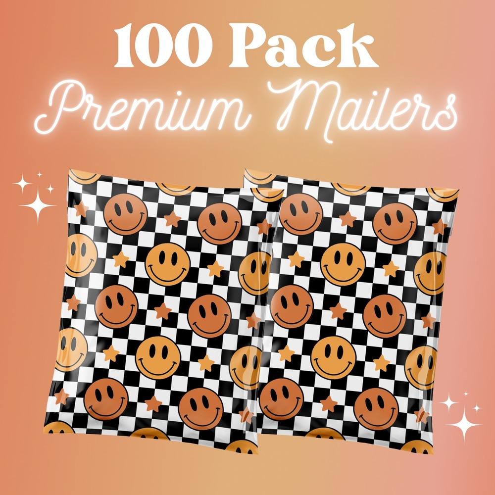 Checkered Smiley Faces Poly Mailers 10x13 Inch 100 Pack Shipping Supplies Orange